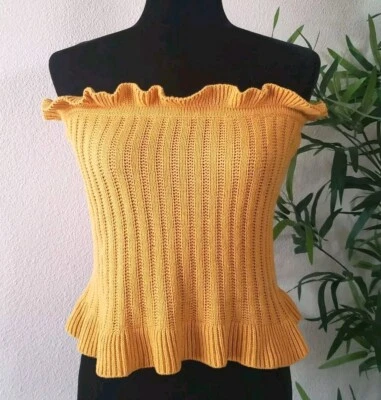 Сексуальный LUMIERE золотой желтый вязаный трубка верхний свитер большой с оборками укороченный акрил - Изображение 1 из 4