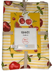 Yellow And White Striped Table Runner With Cherries 18” X 55” 100% Cotton - Picture 1 of 4