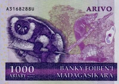 2004 Madagascar 1000 Ariary Circulated Banknote. 1k note good condition. Bill - Image 1 of 2