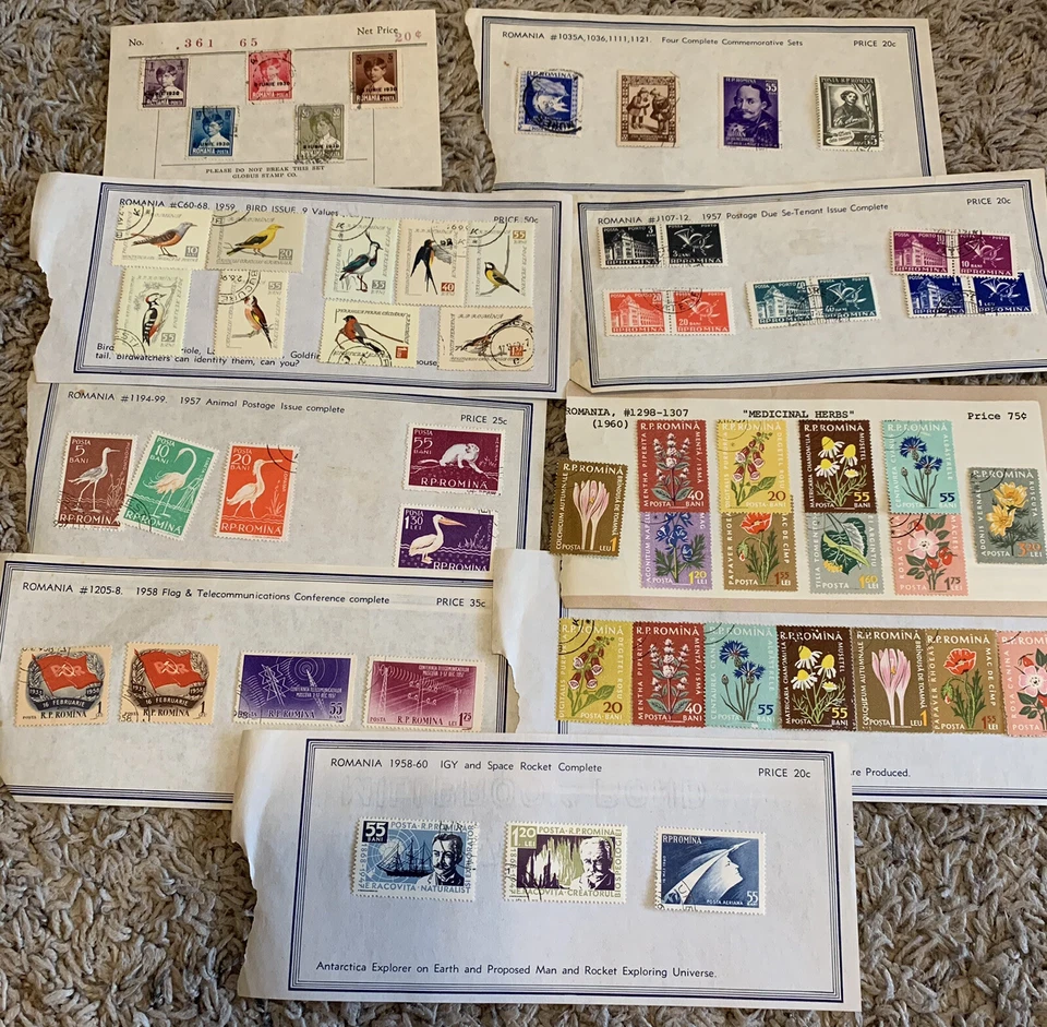 LOTE DE SELLOS DE RUMANIA EN HOJAS DE HOMOLOGACIÓN. JUNIE OVPTS, PÁJAROS, FLORES, ESPACIO Y MÁS Foto 1 de 4