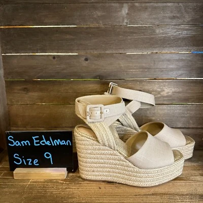 Nuevo en caja Sandalias de tacón de cuña beige tejido Sam Edelman Vada para mujer talla 9 M Foto 1 de 4