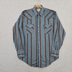 Camicia western vintage Ely Cattleman Pearl Snap XL ALTA 17,5 37 blu manica lunga - Foto 1 di 8
