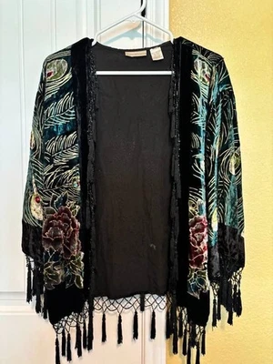 Cárdigan Kimono Boho Romántico Pavo Real Burnout Terciopelo Draper & Damons De Colección OS Foto 1 de 4