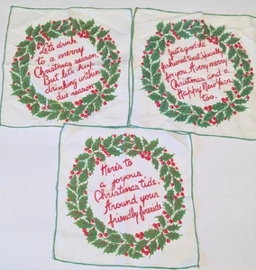3 Vintage Novelty Cocktail Napkins Christmas & New Year Sayings 8" Square 1950s - Picture 1 of 5