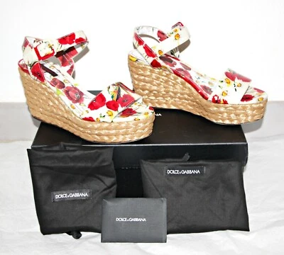 DOLCE & GABBANA Poppy-Daisy 专利凉鞋带编织拉菲亚楔形美国 8/IT 39 $1195 — 第 1/4 张图片