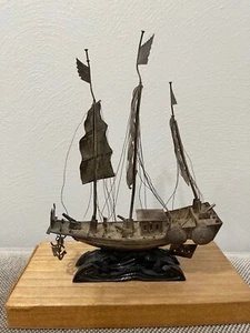 Antique Chinese Export Silver War Junk Boat Ship on Wood Stand - Picture 1 of 12