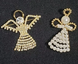 2 Vintage Angel Brooch Pins Gold Tone Clear Rhinestones Faux Plus Pearl Angel - Picture 1 of 14