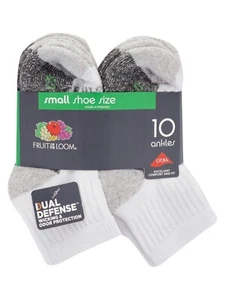 FRUIT OF THE LOOM UNISEX YOUTH ANKLE SOCKS, WHITE, 10 PACK SIZE SMALL 4.5-8 - Picture 1 of 3
