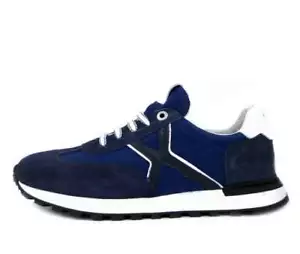 Scarpe Uomo Sneakers Pelle e Tessuto Blu Plantare Estraibile Made in Italy EXTON - Picture 1 of 5