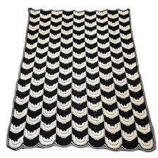 Handmade Crochet Afghan Blanket Black White Scallop Geometric Design  71" x 58"