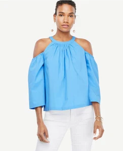 NUEVO CON ETIQUETAS ANN TAYLOR Mujer $69.50 Popelina Estructurada Hombro Frío Top_Azul_Talla_S_M  - Imagen 1 de 1