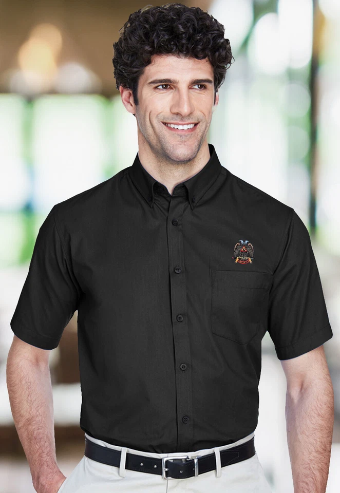 Camisa de manga corta con botones de popelina masónica bordada 32nd Degree para hombre Foto 1 de 1