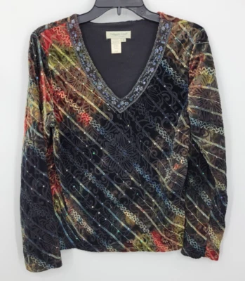 Coldwater Creek Top 女式小号天鹅绒条纹花卉刺绣亮片艺术 — 第 1/4 张图片