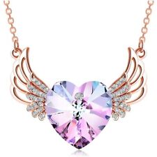 Women Rose Gold Angel Wing Pink Heart Necklace Guardian Angel Pendant Jewelry