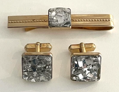 Vintage Anson Cufflins & Tie Bar Clip Set Gold With Silver Confetti 1960's - Image 1 of 4