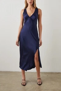 Rails NWT $248 Monique Navy Blue Satin Slip Midi Cocktail Dress Women's size L - Picture 1 of 10