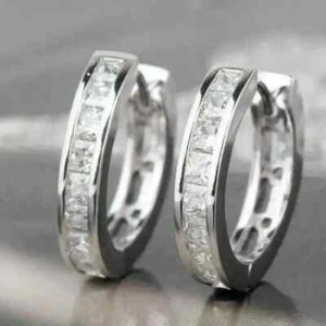 2Ct Princess Cut Lab Created Diamond Huggie Hoop Earrings 14K White Gold Plated - Picture 1 of 6
