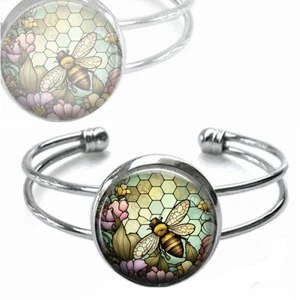 Bee Bumblebee Faux Stained Glass Honeycomb Art Print Silver Cuff Bracelet - Picture 1 of 3