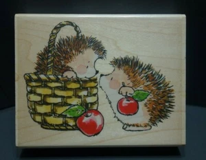Hedgehog Apple Basket Gift Wood Mounted Rubber Stamp Penny Black 4061K - Picture 1 of 4