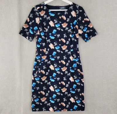Lands End 连衣裙女式 4 小号海军蓝全新花卉 Ponte 紧身办公室弹力 — 第 1/4 张图片