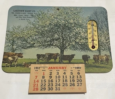 Lakeview Dairy, Sussex, NJ-Cows-Advertising-Complete 1951 Calendar w/Thermometer - Image 1 of 4