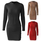 Women Long Sleeve O-Neck Solid Ruched Waist Package Hip Bodycon Dress
