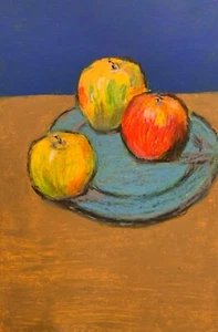 Original Still Life: Three Apples On A Plate. Oil Pastel 10х15”. Handmade Art - Picture 1 of 1