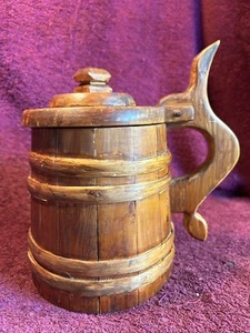 NICE HANDLE VINTAGE SIGNED WOOD BEER TANKARD MUG FOLK ART SWEDEN SWEDISH - Picture 1 of 6