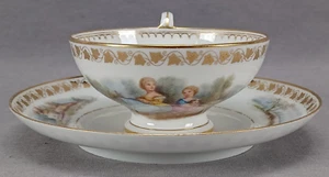Sevres Hand Painted Watteau Scene & Gold Ivy Leaf Footed Tea Cup & Saucer C - Picture 1 of 18