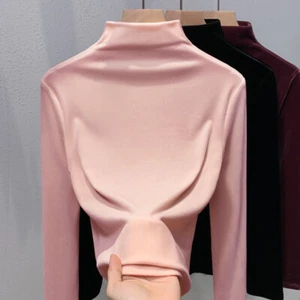 Womens Velvet Mock Neck Long Sleeves Pullover Shirt Casual Slim Fit Blouse Tops - Picture 1 of 13