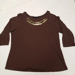 blusa dennis basso marrone donna 1x bordo oro manica media - Foto 1 di 4
