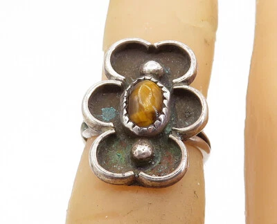 NAVAJO Plata de Ley 925 - Anillo Oxidado Ojo de Tigre Vintage Talla 5.5 - RG7981 Foto 1 de 4