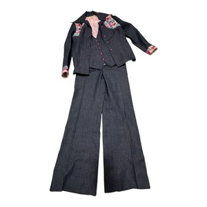 RARE VINTAGE Look 3 PIECE Bell Bottom Embroidered Suit GROOVY Denim Handmade - Bild 1 von 18