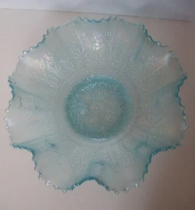Ice Blue Pastel HEARTS AND FLOWERS Ribbed Back Ruffled Bowl by Northwood c. 1910 - Picture 1 of 4