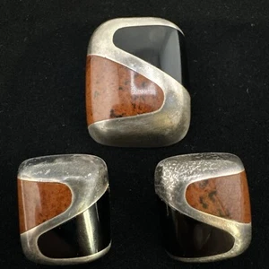 STERLING Silver 925 ANTONIO HDEZ  DESIGNER BROOCH + CLIP EARRINGS ONYX OBSIDIAN - Picture 1 of 7