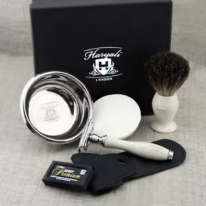 4 Piece Mens Shaving Kit DE Safety Razor, Black Badger Brush, Soap Bowl Gift Set - Picture 1 of 5