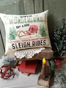 PRIMITIVE VINTAGE FOLK ART CABIN FARM CHRISTMAS WINTER SANTA SLEIGH RIDES PILLOW - Picture 1 of 7
