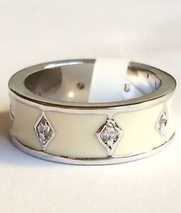 Silver Art Deco Ring Size 5 9 10 White Enamel Band Rhodium Vintage Style Plated