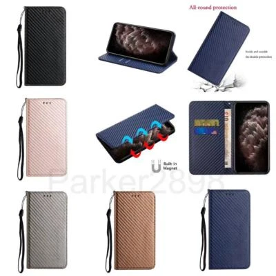 Carbon Leather Wallet Phone Case for Galaxy S21 S20 FE S10 Note 20 Ultra Plus E - Image 1 of 4