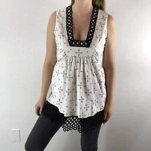 ANNA SUI Vintage Floral Cutout Sleeveless Tunic Top Retro Mod Medium Black White - Picture 1 of 19