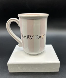 Mary Kay Pink and White Striped Ceramic Coffee or Tea Mug 4” Tall / Gold Letter - Picture 1 of 4