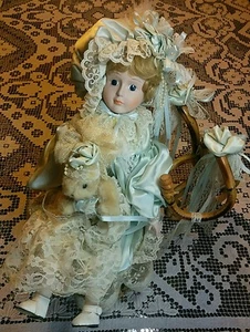 Gorgeous Victorian Collection Design Debut Porcelain Doll w/ Bike & Teddy 18" - Picture 1 of 12