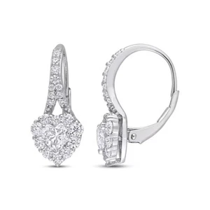 Valentine's Gift Lab Created Diamond Sterling Silver Halo Heart Drop Earrings - Picture 1 of 6
