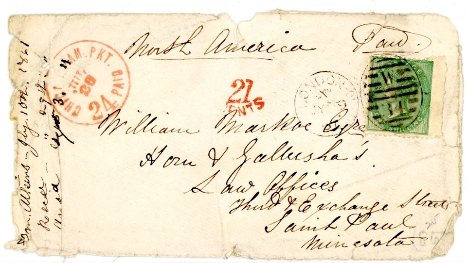 Great Britain 28 on July 9, 1857 Transatlantic Cover London to St Paul, MN - Image 1 of 3