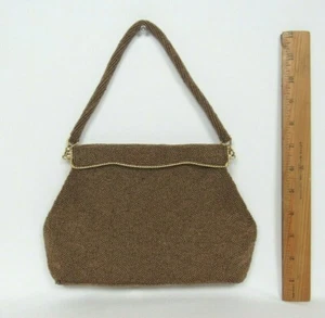VINTAGE 1950s BRONZE BEADED HANDBAG EVENING BAG BRASS FRAME MADE IN HONG KONG - Picture 1 of 12