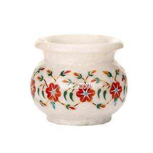 3''x3.5" White Marble Flower Pot Carnelian Floral Inlay Home Decor Gifts H3604 - Picture 1 of 6