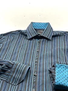 Thomas Dean Men's  Shirt XL Black Blue Normcore FLIP CUFF Striped Business - Picture 1 of 6