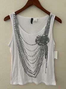 Jason Maxwell ärmelloses Tankoberteil weiß verziert silber metallic Medium neu mit Etikett - Bild 1 von 5