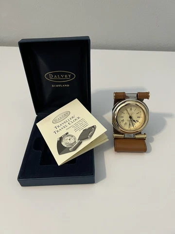 Dalvey Travel Alarm Clock Gold With Leather Band And Box Cover