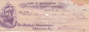 Urbanna VA R. S. Bristow, assegno General Merchandise Bank of Middlesex 1903 - Foto 1 di 2